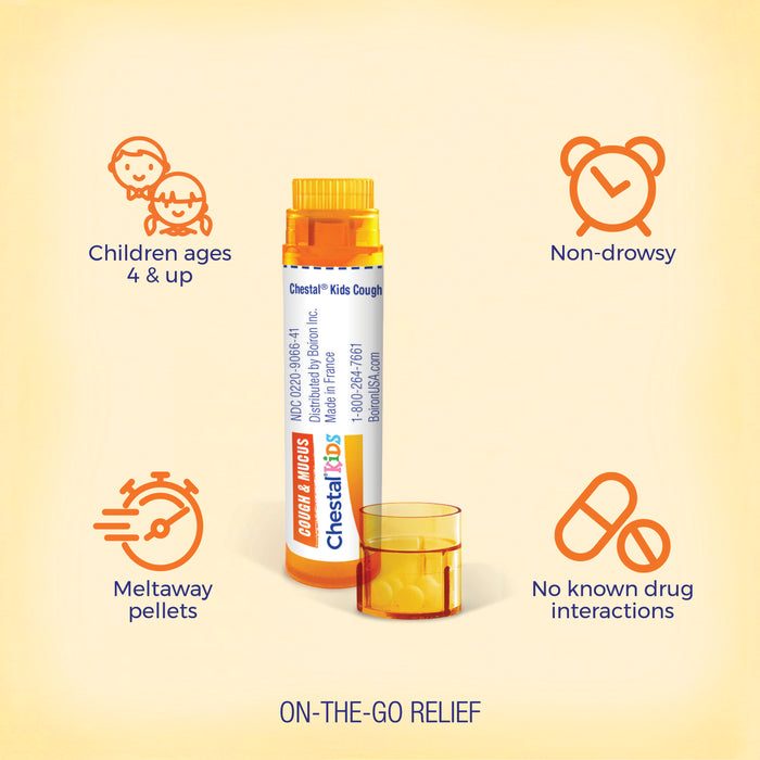 A bottle of Chestal Kids Cough in front of a small cup containing a few pellets is centered. Four icons surround the bottle, labeled: "Children ages 4 &amp; up," "Meltaway pellets," "Non-drowsy," and "No known drug interactions." Text at bottom reads "ON-THE-GO RELIEF.