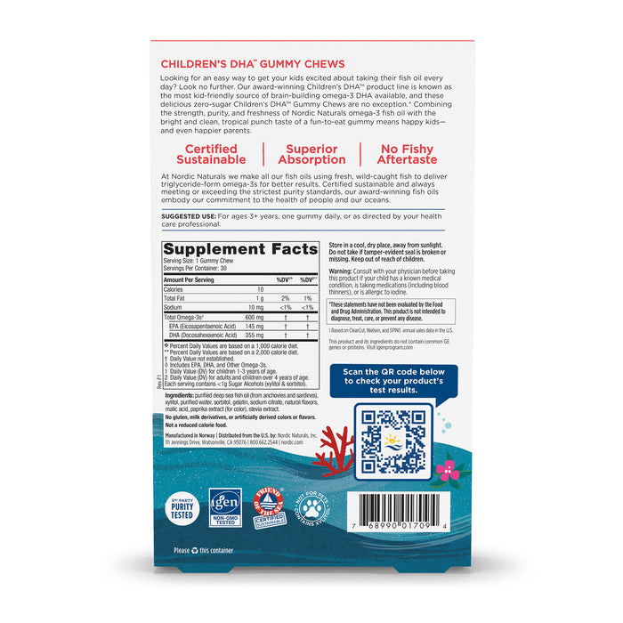 The rear of Nordic Naturals Childrens DHA Gummies package emphasizes the omega-3 benefits and dietary supplement use, featuring supplement facts, a QR code, and certification icons on a sea-themed blue and white background.