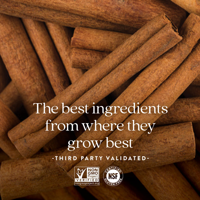 A close-up of cinnamon sticks with the text: The best ingredients from where they grow best – New Chapter Cinnamon Force Healthy Blood Sugar Level, third-party validated. Non-GMO Project Verified and NSF Certified Gluten-Free logos shown below.