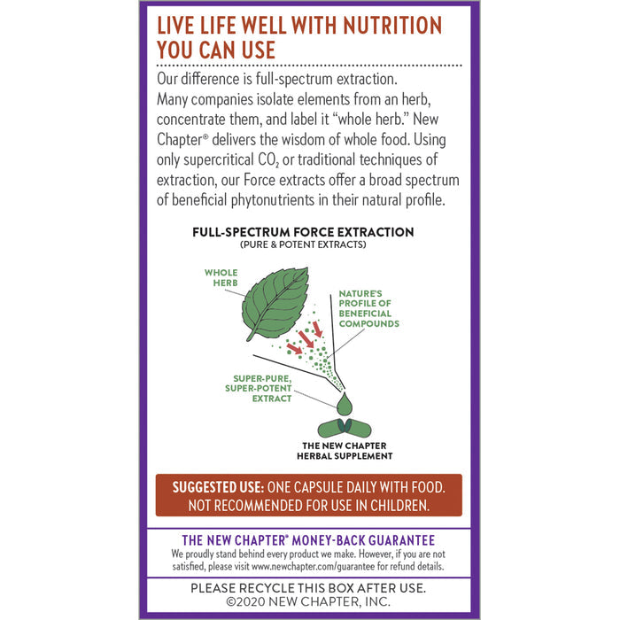 The box for New Chapter Cinnamon Force Healthy Blood Sugar Level shows full-spectrum extraction with a plant diagram. Made with Non-GMO, vegetarian capsules. Take one daily with food. Not for children. Includes recycling info and guarantee.