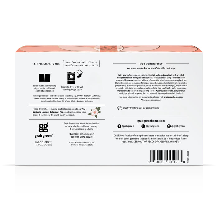 The back of a grab green Classic Dryer Sheets - 2 Pack - Gardenia box shows instructions, ingredients, safety info, contact details, and social icons on a minimalist white design—ideal for those seeking softer fabrics and less static cling.