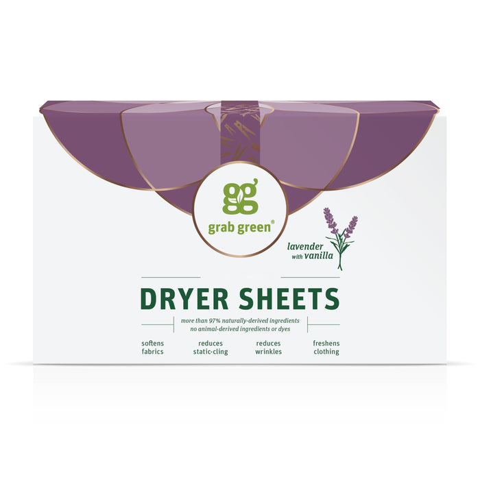 A 2-pack of grab green Classic Dryer Sheets in Lavender with Vanilla (Coming Soon!) features white and purple packaging with a lavender sprig illustration, highlighting benefits like fabric softening, reduced static and wrinkles, and freshening.