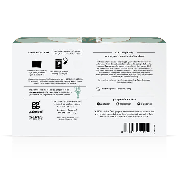 Back of a grab green Classic Dryer Sheets - 2 Pack - Vetiver box with usage tips, ingredient transparency, brand info, contact details, and safety warnings—all in black text on a white and pale green background.
