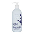 The Captain Blankenship Cleanse Shampoo features a light blue bottle with a pump dispenser and a seaweed illustration on the label. It contains organic aloe vera, seaweed, and coconut-derived surfactants. Available in 295 ml / 10 fl oz capacity.