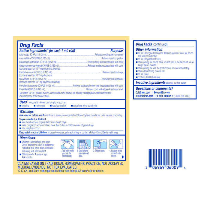 Blue and yellow drug facts label for Boiron ColdCalm Kids Liquid Doses, a non-GMO childrens cold medicine, shows active/inactive ingredients, directions, warnings, manufacturer info, barcode, and states it’s not evaluated by the FDA.