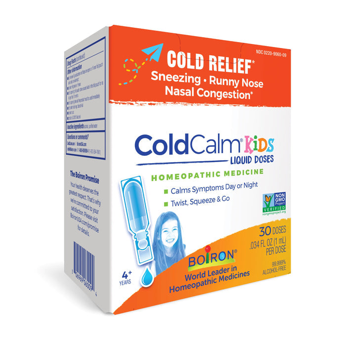 ColdCalm Kids Liquid Doses by Boiron is a non-GMO, non-drowsy, alcohol-free homeopathic cold medicine for kids ages 4+. It relieves sneezing, runny nose, and nasal congestion.