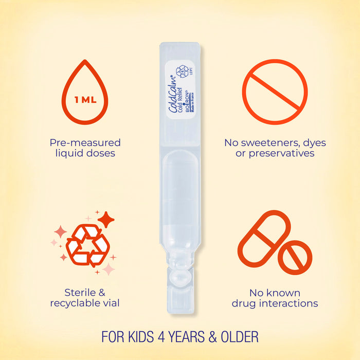 A Boiron ColdCalm Kids Liquid Doses vial appears with icons showing its features: 1 mL pre-measured dose, non-GMO children’s cold medicine, no sweeteners, dyes or preservatives—sterile, recyclable, and safe for kids ages 4+.