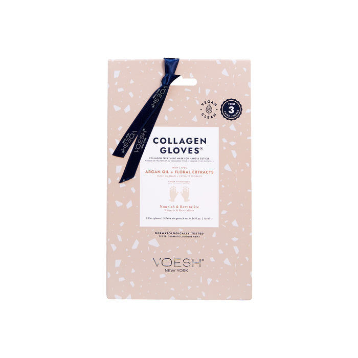 The Collagen Gloves Trio by VOESH New York comes in beige packaging with a dark blue ribbon, highlighting the nourishing qualities of argan oil and floral extracts for luxurious hand care. Infused with vegan collagen, it promises revitalization.