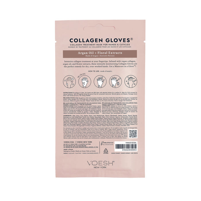 The light pink packaging of VOESH New Yorks Collagen Gloves Trio showcases argan oil and floral extracts for luxury hand treatments. The back features instructions with black-text hand illustrations, highlighting its vegan collagen formula to promote optimal skin health.