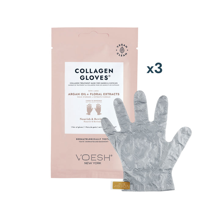 An image of Voesh Collagen Gloves packaging, which is light pink and indicates the inclusion of argan oil and floral extracts. The packaging is labeled as vegan and clean, and contains three glove sets. One glove is displayed in front of the packaging.