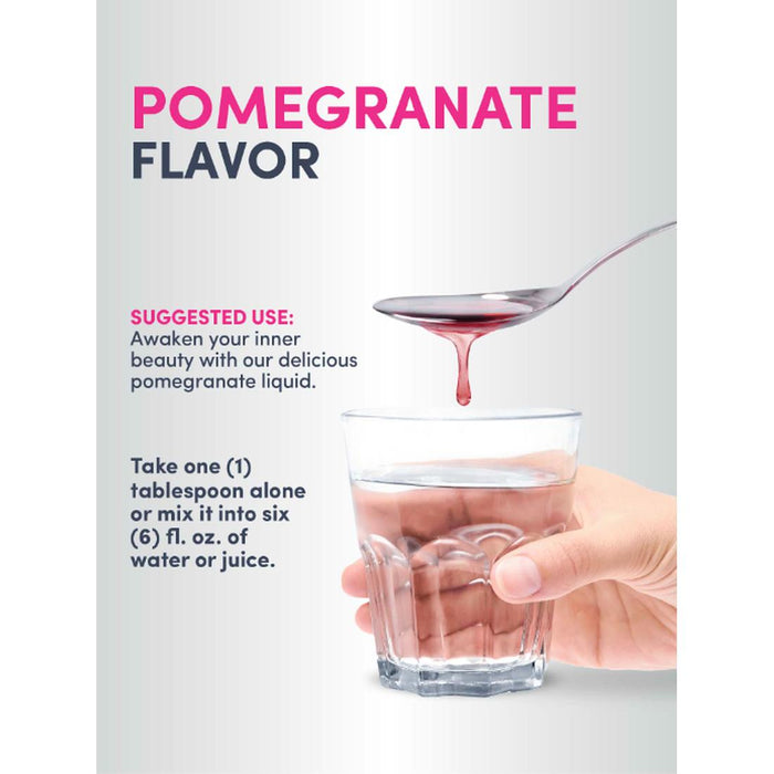 A hand pours pomegranate liquid into a glass of water. Text: NeoCell Collagen Peptides, POMEGRANATE FLAVOR. Suggested use: Mix 1 tbsp into 6 oz of water or juice to support collagen and joints.