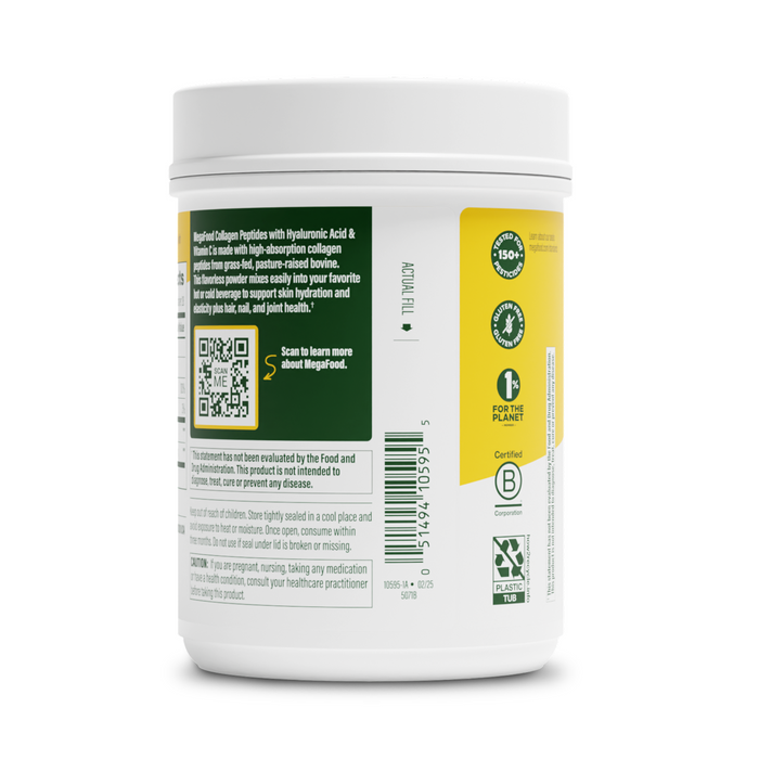 A white plastic MegaFood Collagen Peptides Unflavored container features a yellow label, QR code, and ingredient info. Icons show its certified, recyclable, eco-friendly, and contains hydrolyzed collagen peptides.