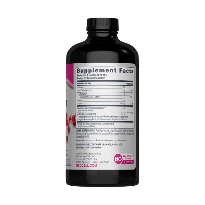 A black NeoCell Collagen Peptides bottle labeled Supplement Facts lists nutrition info and ingredients for a liquid supplement, highlighting collagen to support skin, hair, nails, and joints in every serving.