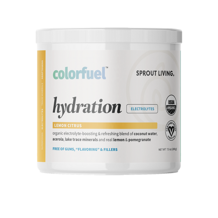 Sprout Livings Colorfuel: Hydration is a white container highlighting Lemon Citrus plant-based hydration with electrolytes and organic coconut water, acerola, lemon, and pomegranate. It’s USDA organic, vegan, and free from gums and fillers.