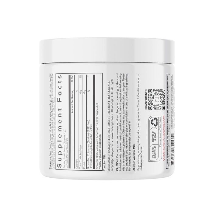 The Colostrum Powder jar by Codeage is white, with a label showing bioavailable supplement facts like servings and ingredients. It also includes a QR code, recycle symbol, and brand logos. The text is black and grey on the label, which matches the jars white lid.