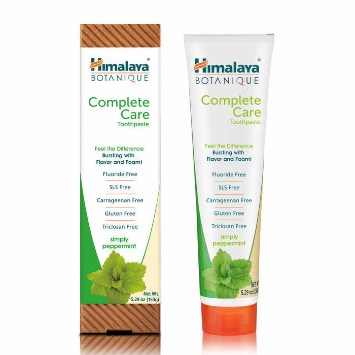 The Himalaya Complete Care Toothpaste box and tube indicate its fluoride, SLS, carrageenan, gluten, and triclosan-free. It contains neem and pomegranate extracts with a peppermint flavor. Net weight: 5.29 oz (150g).