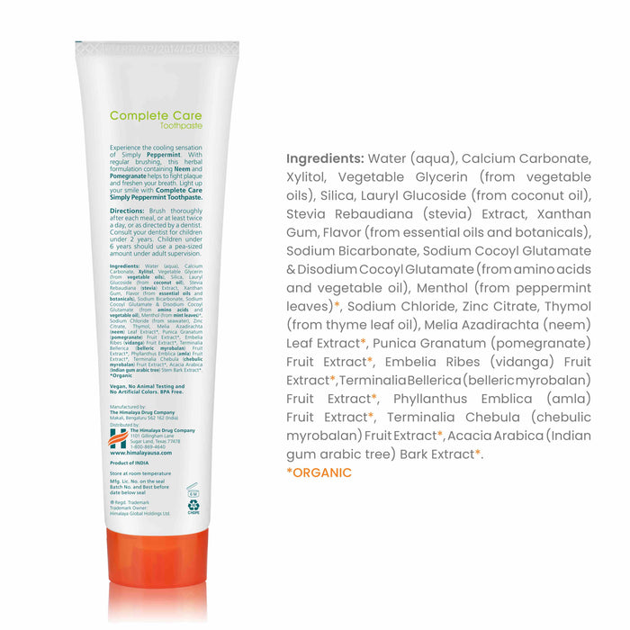 An image of a tube of "Complete Care Toothpaste." The tube is upright with a white body and a green cap. Text includes the product name, directions for use, an ingredients list, and additional information about the inclusion of various natural extracts and organic ingredients.