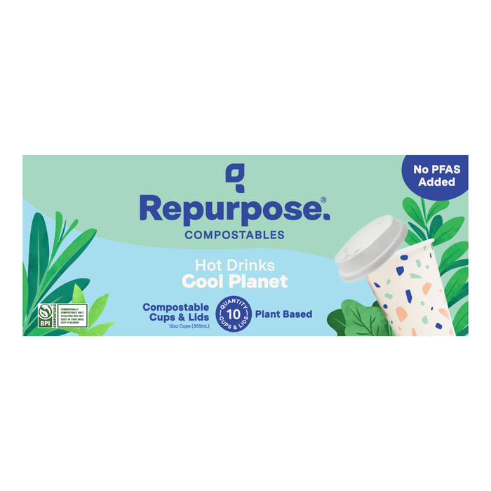 The Repurpose Compostable Cup & Lid Set box displays plant graphics, a white cup and lid, and text emphasizing Hot Drinks Cool Planet, Compostable, Plant Based, and No PFAS Added.
