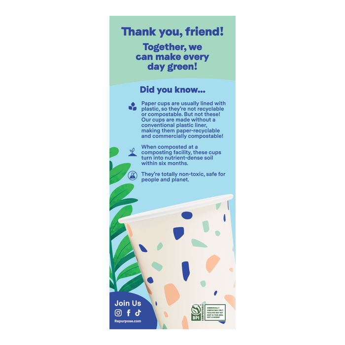 A vibrant flyer displays Repurpose’s Compostable Cup & Lid Set—patterned, BPA-free, plastic-free, recyclable, and commercially compostable to soil within six months—set against a leafy background.