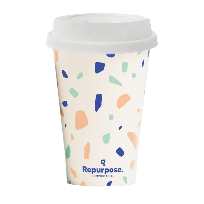 The Repurpose Compostable Cup & Lid Set is white with pastel green, blue, and orange shapes, featuring the blue Repurpose logo and Compostables text at the bottom.
