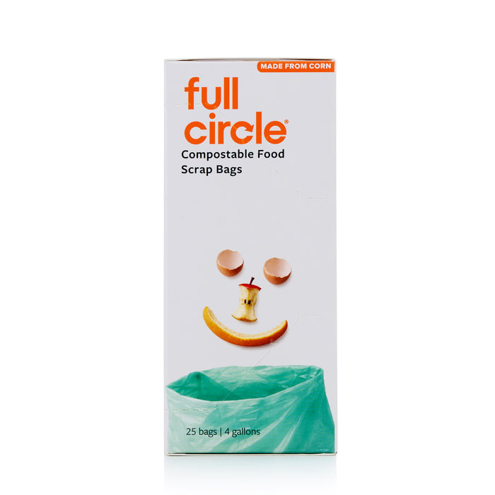 The Full Circle Compostable Food Scrap Bags - 4-Gallon box features a smiling face made of food scraps and eggshells, displays a green bag at the bottom, and contains 25 eco-friendly compostable bags.