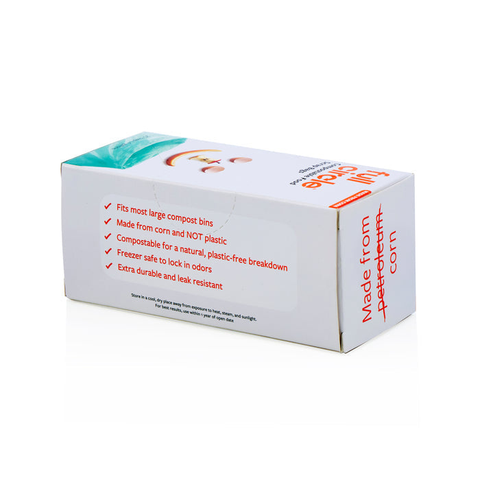 A white box labeled "Full Circle Compostable Food Scrap Bags - 4-Gallon" lists features: fits most large compost bins, made from corn not plastic, compostable, freezer safe, leak and tear resistant. Product details appear on the angled box.