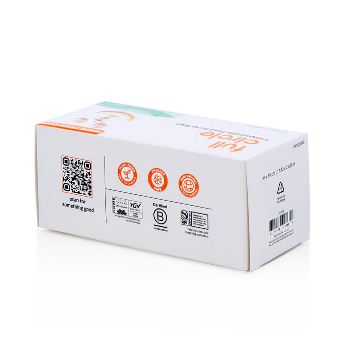 White and orange box featuring a QR code, certification, recycling, and safety icons—perfect for Full Circle Compostable Food Scrap Bags (4-Gallon). Barcode and product info detail these tear-resistant, eco-friendly waste bags.