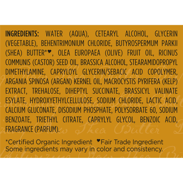 On a golden background, the ingredients label for SheaMoisture’s Conditioner - Deep Moisturizing lists components such as water, oils, glycerin, kelp extract, Raw Shea Butter, lactic acid, and fragrance. The text highlights the use of certified organic and fair trade ingredients in this deep moisturizing conditioner.