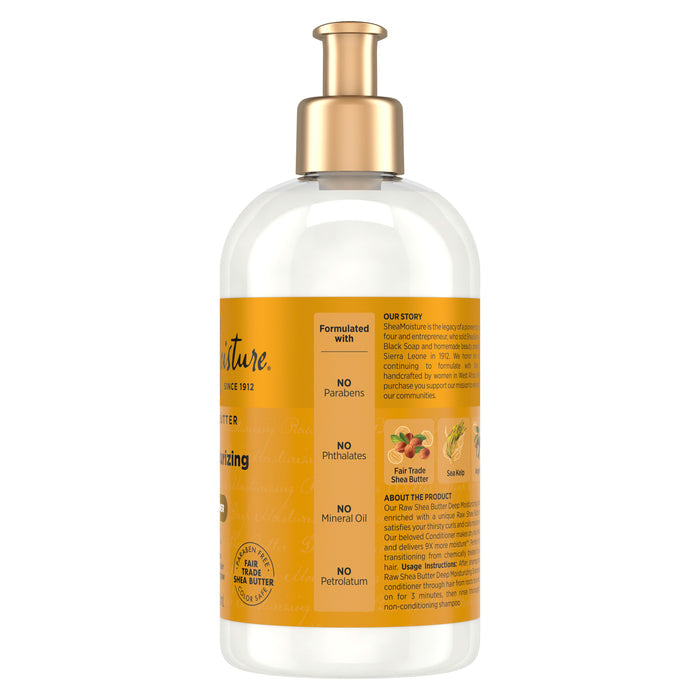 Clear bottle of SheaMoisture Deep Moisturizing Conditioner with a gold pump and an orange label detailing product information and ingredients, featuring the nourishing benefits of Raw Shea Butter renowned for relieving dry hair and skin.