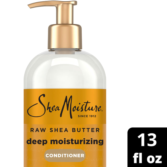 A 13 fl oz bottle of SheaMoisture Conditioner - Deep Moisturizing with a gold pump, specially formulated for dry hair, featuring the label in the bottom right corner.