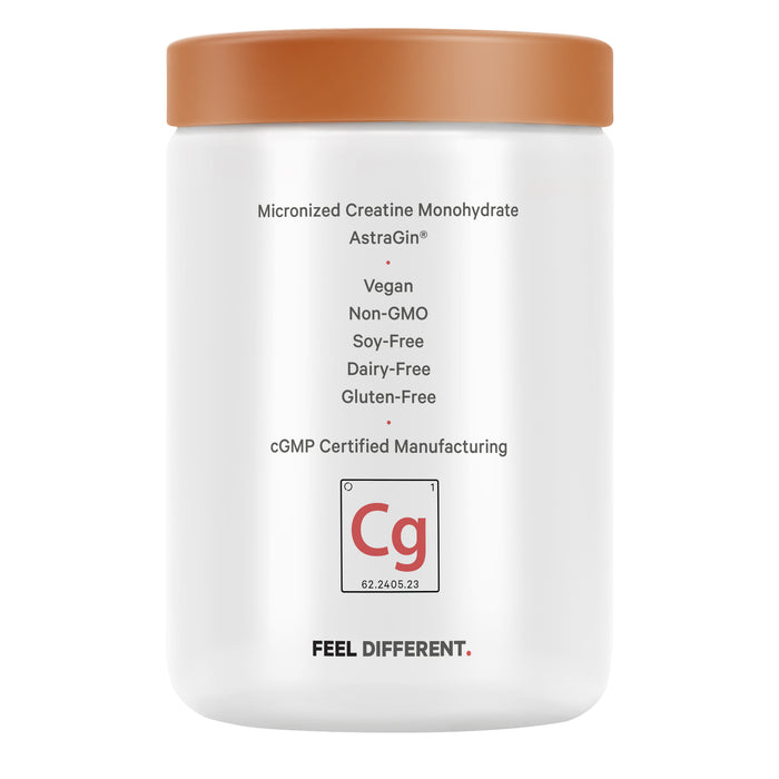 A sleek white Creatine Gummies container by Codeage, featuring a brown lid and label that reads Micronized Creatine Monohydrate, ensures its Vegan, Non-GMO, Soy-Free, and Dairy-Free. Enhanced with AstraGin, it adheres to cGMP certified manufacturing standards.