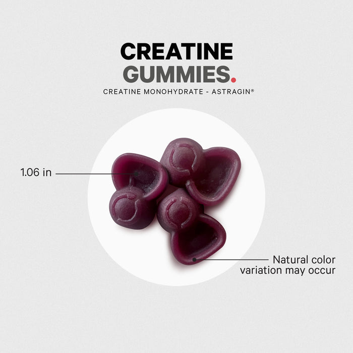 A cluster of dark red gummies is displayed on a light background. Text above reads "Creatine Gummies" and notes the presence of creatine monohydrate and AstraGin®. Labels indicate a size of 1.06 inches and mention potential natural color variation.