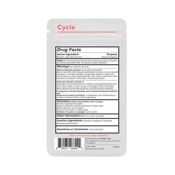 The Cycle Plant Patch by The Good Patch comes in white rectangular packaging labeled Cycle at the top and includes detailed Drug Facts with active/inactive ingredients, usage instructions, warnings, directions, and manufacturer contact info. It provides menstrual relief as a wearable wellness patch.