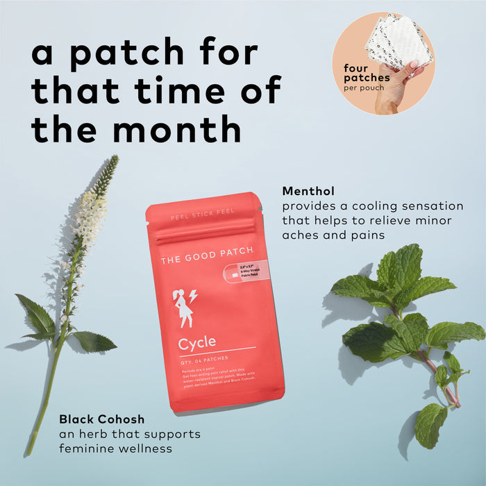 The red pouch labeled Cycle Plant Patch from The Good Patch contains four wearable wellness patches featuring Menthol for cooling pain relief and Black Cohosh for menstrual relief. It showcases images of the Black Cohosh plant and mint leaves on a light background, emphasizing feminine wellness.