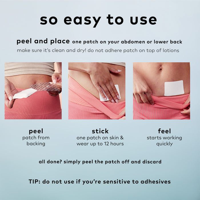 Three images show the use of The Good Patch Cycle Plant Patch: removing the backing, applying it to a womans lower back for targeted relief, and in place. Instructions detail proper usage and caution about adhesive sensitivity. This product is vegan and cruelty-free.