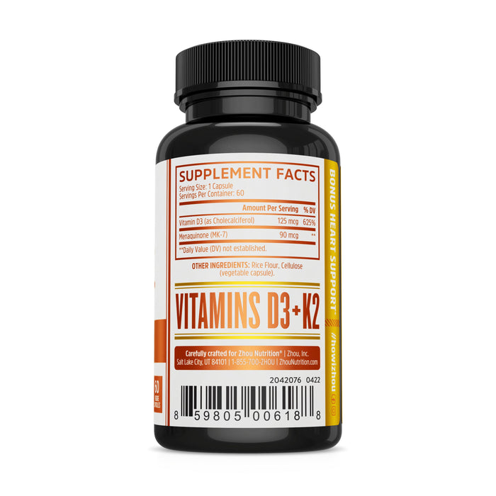 A bottle labeled D3 + K2 by Zhou Nutrition features supplement facts and key ingredients like rice flour and cellulose, offering added heart and immune support.
