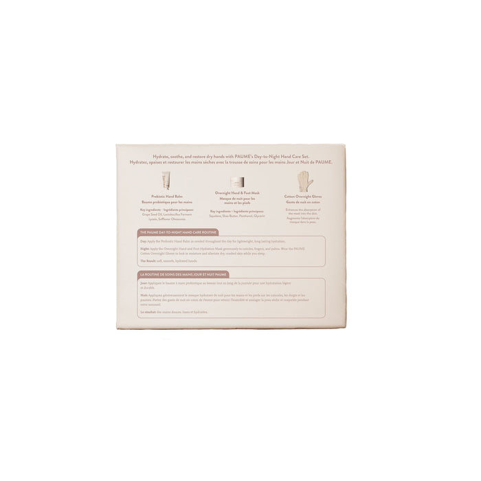 The back of the PAUME Day-to-Night Hand Care Set box displays centered text and icons detailing the probiotic hand balm, benefits, ingredients, and use instructions—all on a clean white background.