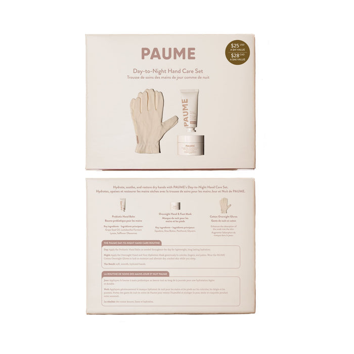 Front and back of PAUME Day-to-Night Hand Care Set packaging, showing an illustrated glove, probiotic hand balm tube, $28 value text, plus product details and overnight hydration mask directions on the back.