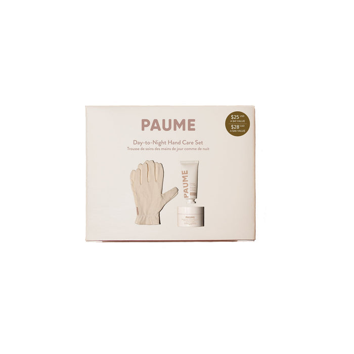 The PAUME Day-to-Night Hand Care Set features illustrated gloves and hand care products on the box, with a probiotic hand balm and overnight hydration mask inside. Valued at $25, it’s priced at $22 with a gold sticker on the top right.