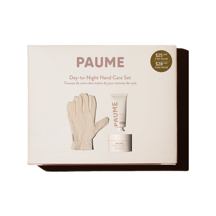 The PAUME Day-to-Night Hand Care Set comes in minimal, light packaging with illustrations of a glove, hand cream tube, and balm container, highlighting the probiotic hand balm and a gold sticker noting a $25 USD value.