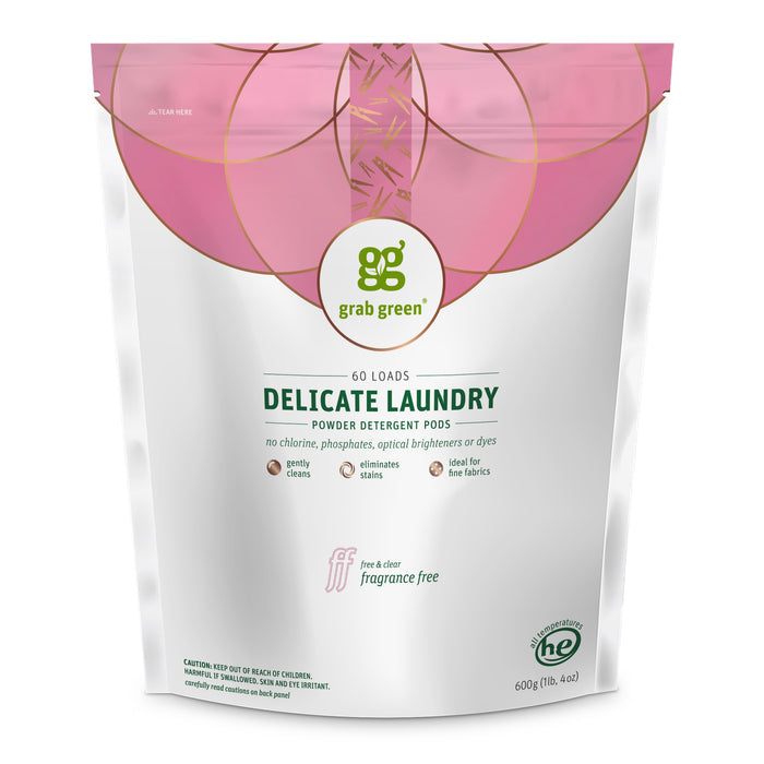 The grab green Delicate Laundry Detergent Pods come in a white and pink resealable pouch with a floral design. They offer eco-friendly cleaning with natural ingredients, are gentle on fabrics, eliminate stains, handle 60 loads, and are labeled as fragrance free.