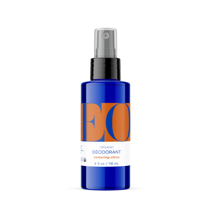 The EO Products Deodorant Spray is in a blue 4 fl oz (118 ml) bottle with a black nozzle and a white label featuring orange text. It has hints of grapefruit and the phrase centering citrus.