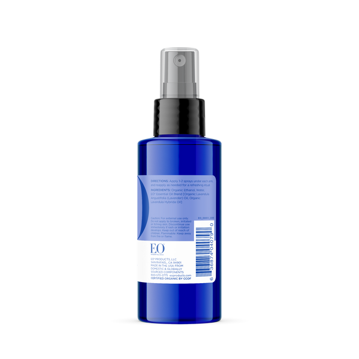 EO Products Deodorant Spray is a sleek blue bottle with a black pump and clear cap, offering a soothing French Lavender blend. It features instructions and a barcode on the back, combining style and practicality in one elegant package.