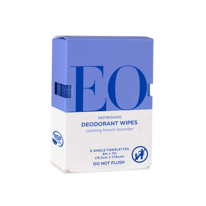 A blue and white box of EO Products Deodorant Wipe scented with calming floral lavender is shown. It contains six single natural towelettes, each measuring 15.2 x 17.8 cm. The packaging advises not to flush these toxin-free wipes.