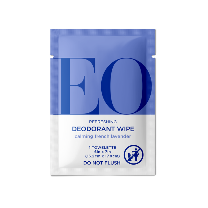 EO Products Deodorant Wipe comes in blue and white packaging with a calming lavender scent. This toxin-free towelette displays a Do Not Flush warning with an icon of a person flushing, ensuring your conscience stays fresh.