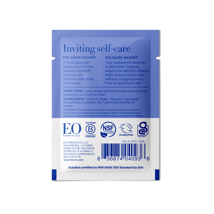 The image shows the back of EO Products Deodorant Wipe packet, emphasizing its floral lavender scent and organic, toxin-free alcohol. It includes usage directions and ingredients like ethanol and lavender oil. Certification logos are visible at the bottom.