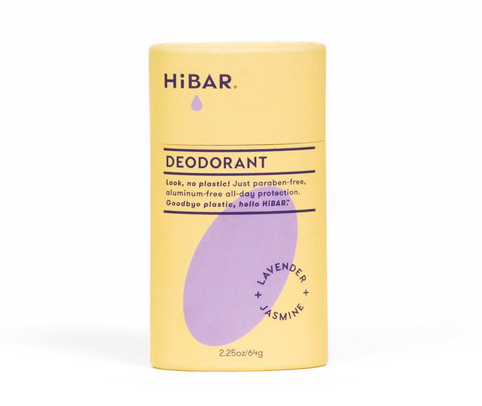 Yellow HiBAR deodorant tube with lavender accents highlights its plastic-free, paraben-free, and aluminum-free formulation. Features a natural lavender and jasmine scent; contains 2.25 oz (64g).