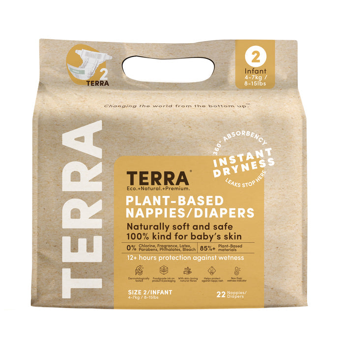 Terra Diaper Size 2 for infants 4-8 kg (8-15 lbs) is made from 85% bamboo fiber providing natural softness, diaper rash protection, and over 12 hours of instant dryness. The package includes 22 nappies with a beige background design.