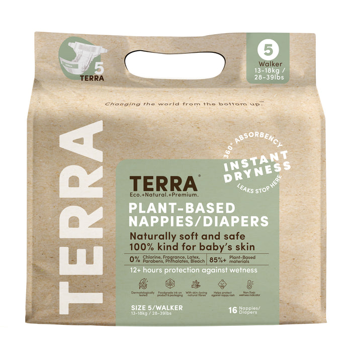 The TERRA plant-based size 5 nappies (13-18kg/28-39lbs) offer 85% absorbent bamboo fiber, ensuring instant dryness and rash protection for over 12 hours. Made from eco-friendly materials, each beige pack with green accents contains 16 diapers.