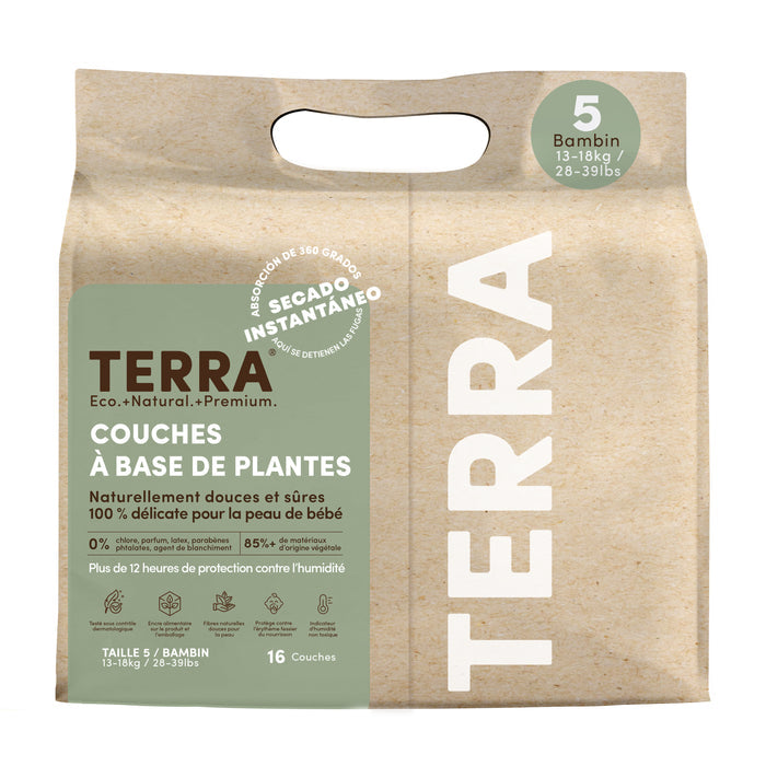A pack of TERRA diapers for babies 13–18 kg (28–39 lbs) contains 16 size 5 plant-based options with natural ingredients, diaper rash protection, and instant absorption. Made with bamboo fiber, the eco-friendly packaging includes a carry handle.